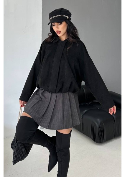 Kadın Mont Kısa Oversize Süet Fermuarlı Gömlek Yaka Düşük Omuz Ceket modelleri