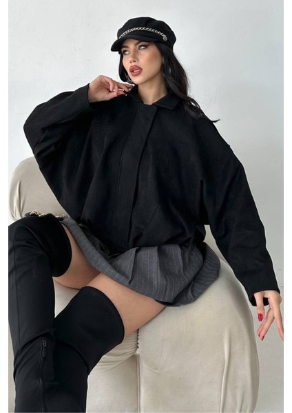 Kadın Mont Kısa Oversize Süet Fermuarlı Gömlek Yaka Düşük Omuz Ceket fırsatları