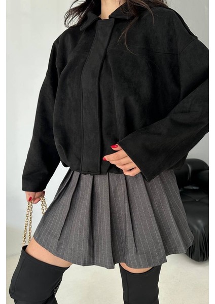 Kadın Mont Kısa Oversize Süet Fermuarlı Gömlek Yaka Düşük Omuz Ceket indirimleri