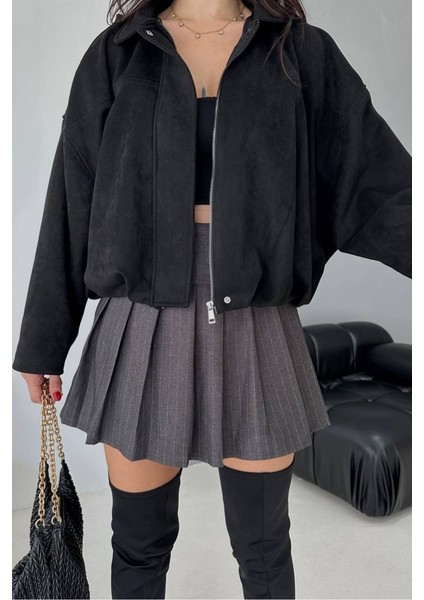 Kadın Mont Kısa Oversize Süet Fermuarlı Gömlek Yaka Düşük Omuz Ceket