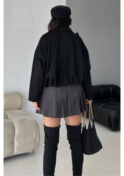 Kadın Mont Kısa Oversize Süet Fermuarlı Gömlek Yaka Düşük Omuz Ceket