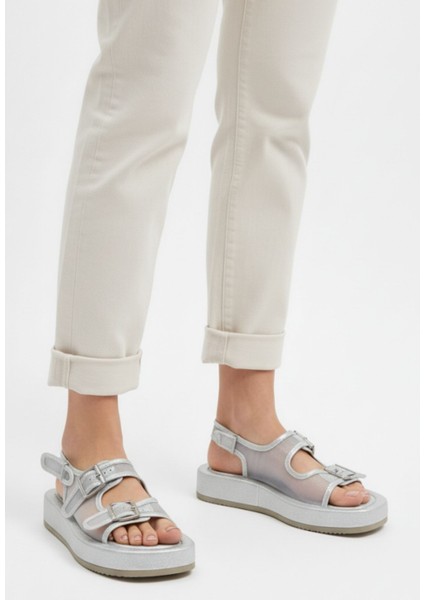 Sinna Gümüş Cilt Tül Detaylı Sandalet