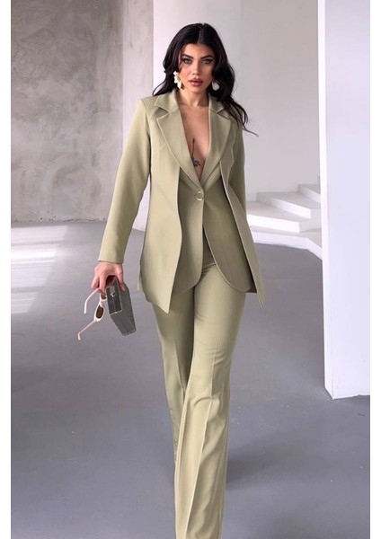 Kadın Ikili Alt Üst Takım Şık Çift Katlı Düğmeli Blazer Ceket Bol Paça Pantolon Takım