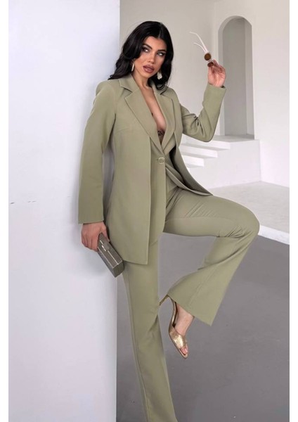 Kadın Ikili Alt Üst Takım Şık Çift Katlı Düğmeli Blazer Ceket Bol Paça Pantolon Takım fiyatları