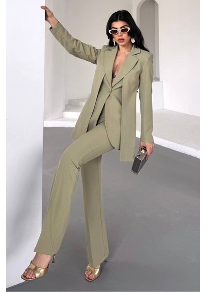Kadın Ikili Alt Üst Takım Şık Çift Katlı Düğmeli Blazer Ceket Bol Paça Pantolon Takım modelleri