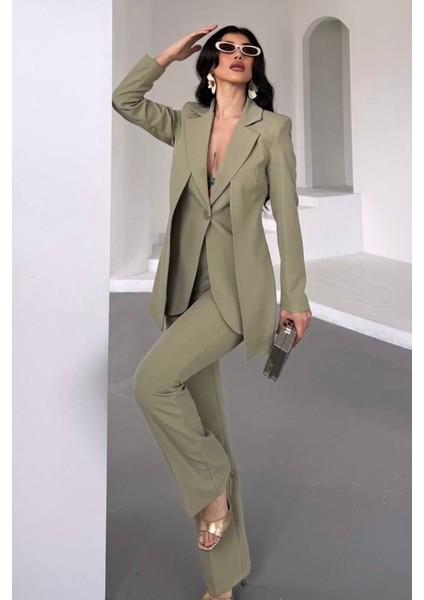 Kadın Ikili Alt Üst Takım Şık Çift Katlı Düğmeli Blazer Ceket Bol Paça Pantolon Takım fırsatları