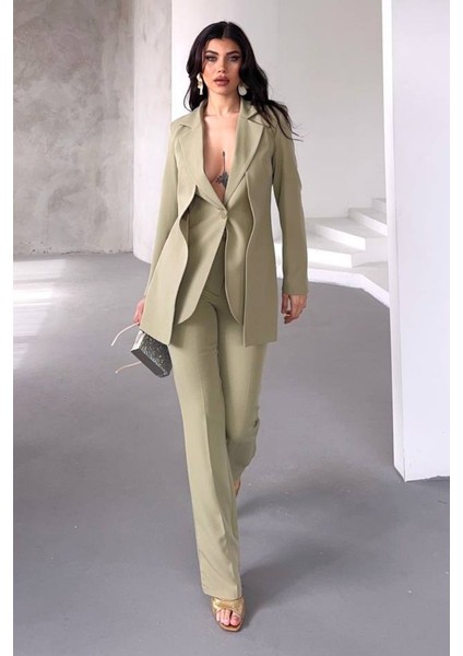 Kadın Ikili Alt Üst Takım Şık Çift Katlı Düğmeli Blazer Ceket Bol Paça Pantolon Takım indirimleri