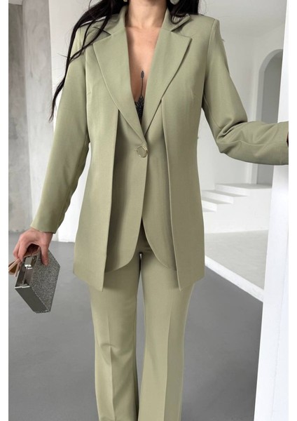 Kadın Ikili Alt Üst Takım Şık Çift Katlı Düğmeli Blazer Ceket Bol Paça Pantolon Takım