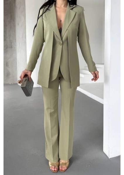 Kadın Ikili Alt Üst Takım Şık Çift Katlı Düğmeli Blazer Ceket Bol Paça Pantolon Takım