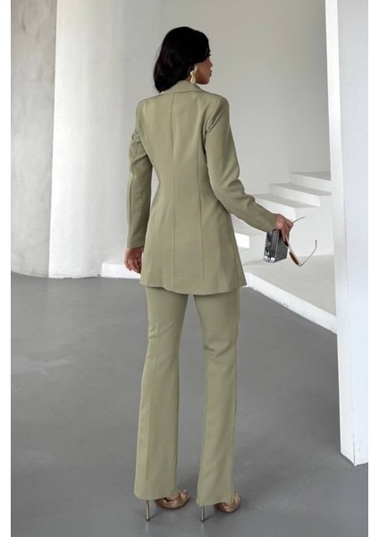 Kadın Ikili Alt Üst Takım Şık Çift Katlı Düğmeli Blazer Ceket Bol Paça Pantolon Takım