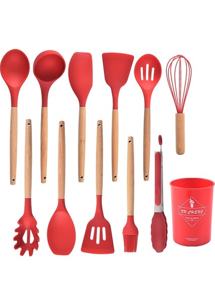Premium Silikon Mutfak Gereçleri Seti, Kaliteli Ahşap Saplı, 11 Parça, Standlı (Kırmızı)