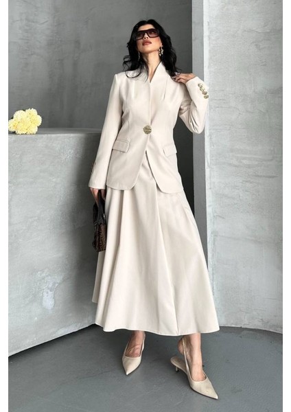 Kadın Ikili Takım Şık Düğme Detaylı Dik Yaka Blazer Ceket Uzun Çan Etek Takım