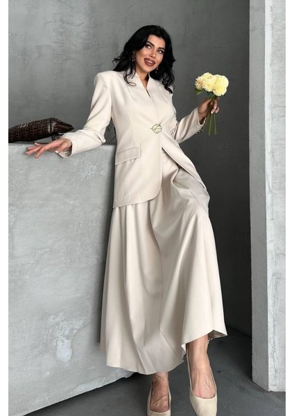 Kadın Ikili Takım Şık Düğme Detaylı Dik Yaka Blazer Ceket Uzun Çan Etek Takım fiyatları