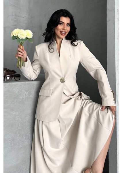 Kadın Ikili Takım Şık Düğme Detaylı Dik Yaka Blazer Ceket Uzun Çan Etek Takım modelleri