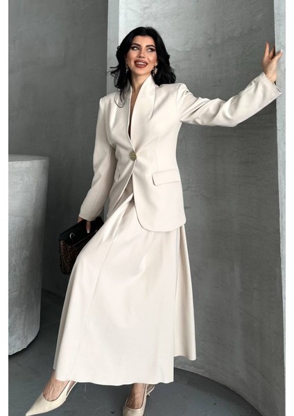 Kadın Ikili Takım Şık Düğme Detaylı Dik Yaka Blazer Ceket Uzun Çan Etek Takım fırsatları