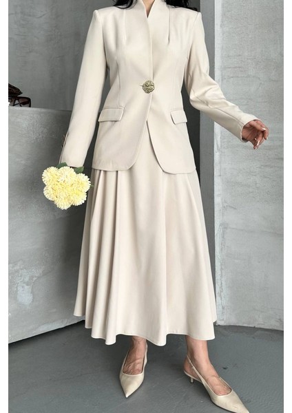 Kadın Ikili Takım Şık Düğme Detaylı Dik Yaka Blazer Ceket Uzun Çan Etek Takım