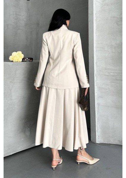 Kadın Ikili Takım Şık Düğme Detaylı Dik Yaka Blazer Ceket Uzun Çan Etek Takım