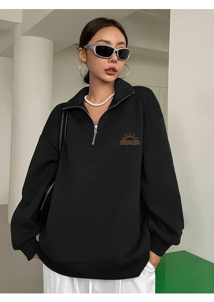 Kadın Güneşin Batışı Baskılı Yarım Fermuarlı Dik Yaka Sweat