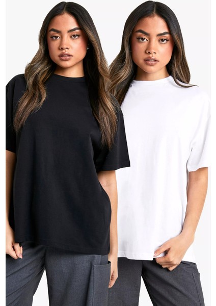 Oversize Unisex Siyah-Beyaz 2'li Düz T-Shirt