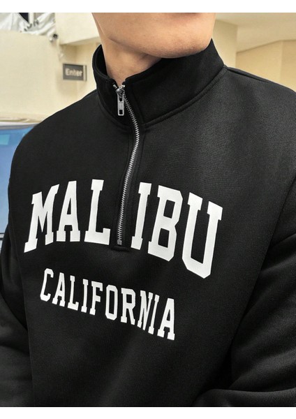 Unisex Malibu California Baskılı Yarım Fermuarlı Dik Yaka Oversize Sweatshirt