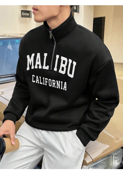 Unisex Malibu California Baskılı Yarım Fermuarlı Dik Yaka Oversize Sweatshirt modelleri