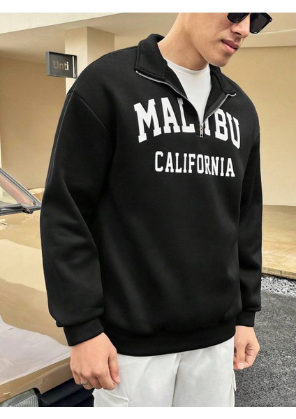 Unisex Malibu California Baskılı Yarım Fermuarlı Dik Yaka Oversize Sweatshirt fırsatları
