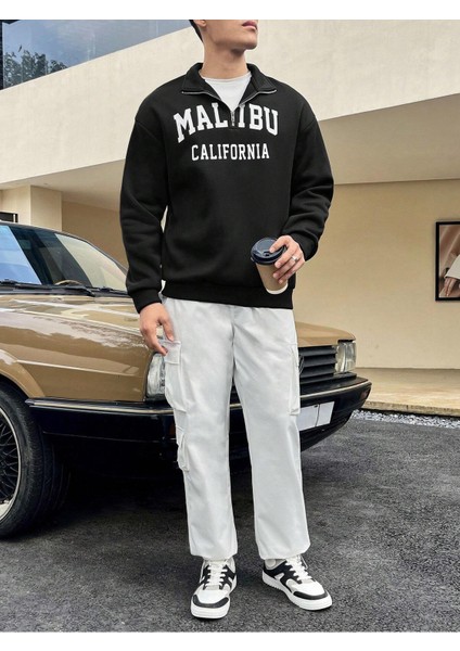 Unisex Malibu California Baskılı Yarım Fermuarlı Dik Yaka Oversize Sweatshirt