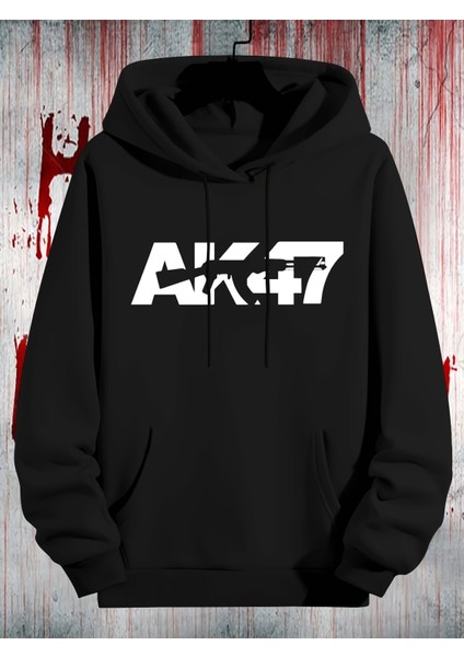 Unisex AK47 Baskı Detaylı Oversize Kapüşonlu Sweatshirt Rahat ve Şık Tasarım