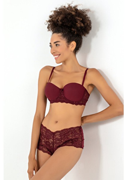Kadın Push-Up Dantel Detaylı Straplez Sütyen Takımı Yarım Dolgulu Konfor