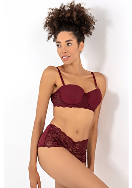 Kadın Push-Up Dantel Detaylı Straplez Sütyen Takımı Yarım Dolgulu Konfor