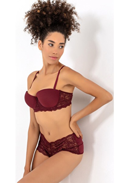 Kadın Push-Up Dantel Detaylı Straplez Sütyen Takımı Yarım Dolgulu Konfor