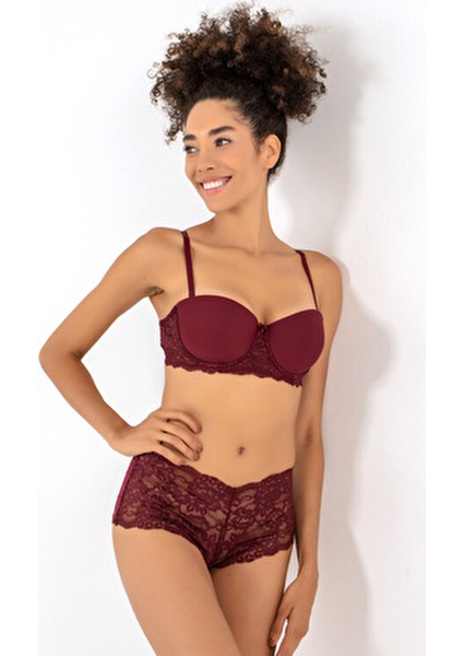 Kadın Push-Up Dantel Detaylı Straplez Sütyen Takımı Yarım Dolgulu Konfor