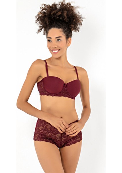 Kadın Push-Up Dantel Detaylı Straplez Sütyen Takımı Yarım Dolgulu Konfor