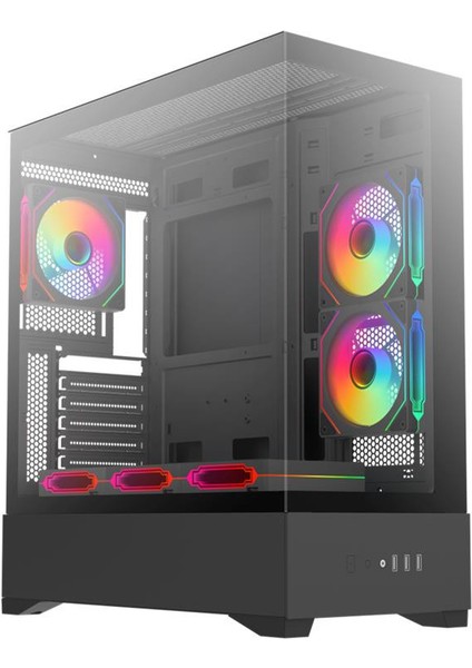 Diamond PRO 4x12cm ARGB LED Fanlı, 1x USB 3.1, 2x USB 2.0, Tempered Glass, Panoramik Akvaryum Siyah Oyuncu Kasası (Yeni)