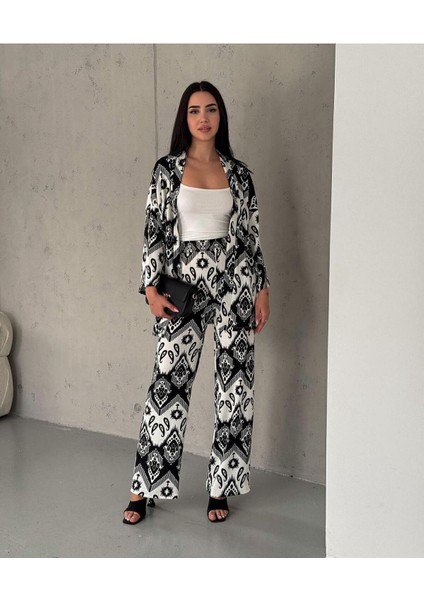 Kadın Otantik Desen Kumaş Mavi Ikili Kimono Takım