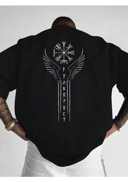 Erkek Oversize Viking Sembolü Baskılı T-Shirt Rahat ve Şık Tasarım