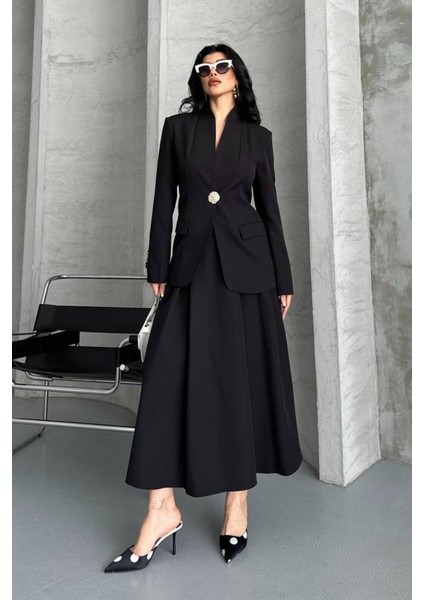Kadın Ikili Takım Şık Düğme Detaylı Dik Yaka Blazer Ceket Uzun Çan Etek Takım