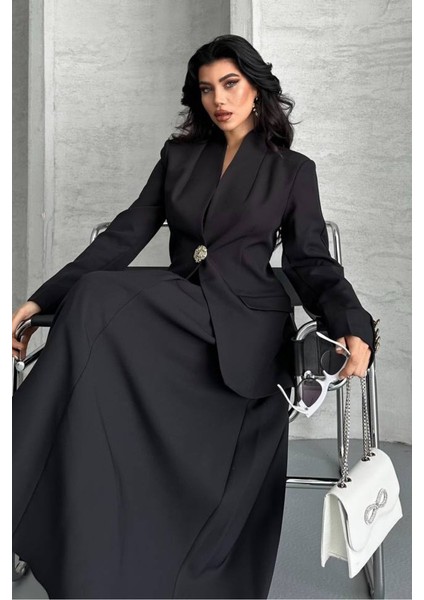 Kadın Ikili Takım Şık Düğme Detaylı Dik Yaka Blazer Ceket Uzun Çan Etek Takım fiyatları