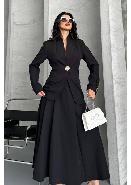 Kadın Ikili Takım Şık Düğme Detaylı Dik Yaka Blazer Ceket Uzun Çan Etek Takım modelleri