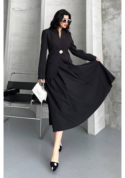 Kadın Ikili Takım Şık Düğme Detaylı Dik Yaka Blazer Ceket Uzun Çan Etek Takım fırsatları