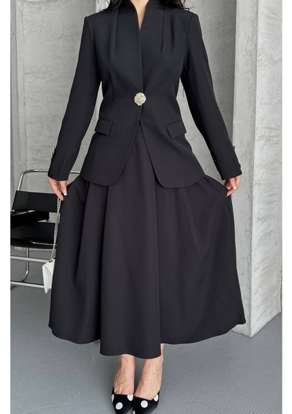 Kadın Ikili Takım Şık Düğme Detaylı Dik Yaka Blazer Ceket Uzun Çan Etek Takım indirimleri