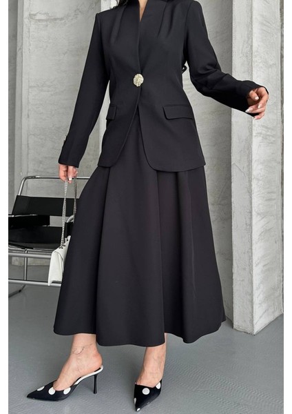 Kadın Ikili Takım Şık Düğme Detaylı Dik Yaka Blazer Ceket Uzun Çan Etek Takım