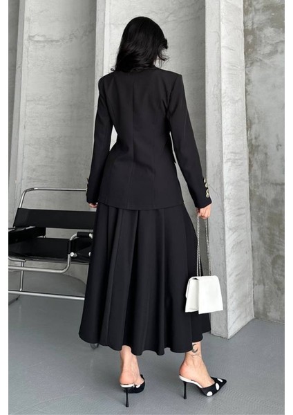 Kadın Ikili Takım Şık Düğme Detaylı Dik Yaka Blazer Ceket Uzun Çan Etek Takım