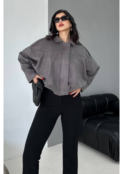 Kadın Mont Kısa Oversize Süet Fermuarlı Gömlek Yaka Düşük Omuz Ceket