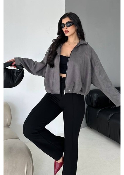 Kadın Mont Kısa Oversize Süet Fermuarlı Gömlek Yaka Düşük Omuz Ceket fiyatları