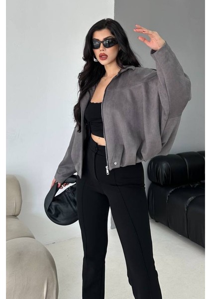 Kadın Mont Kısa Oversize Süet Fermuarlı Gömlek Yaka Düşük Omuz Ceket modelleri