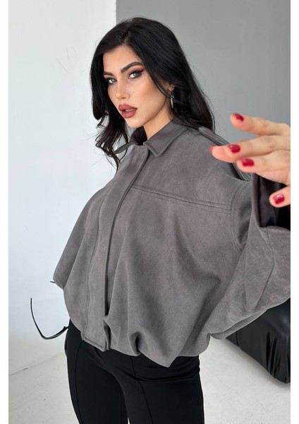 Kadın Mont Kısa Oversize Süet Fermuarlı Gömlek Yaka Düşük Omuz Ceket fırsatları