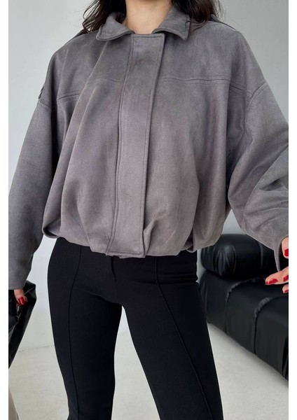 Kadın Mont Kısa Oversize Süet Fermuarlı Gömlek Yaka Düşük Omuz Ceket indirimleri