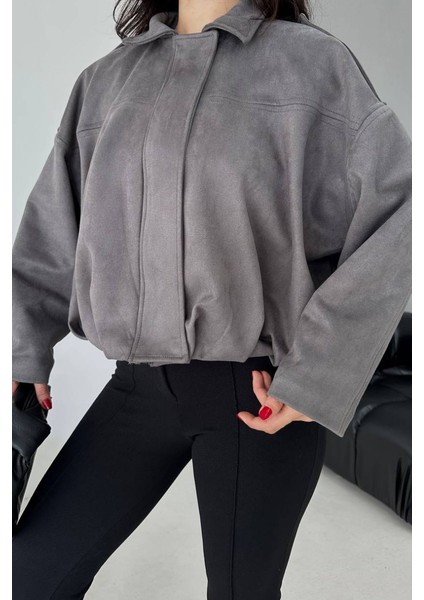 Kadın Mont Kısa Oversize Süet Fermuarlı Gömlek Yaka Düşük Omuz Ceket
