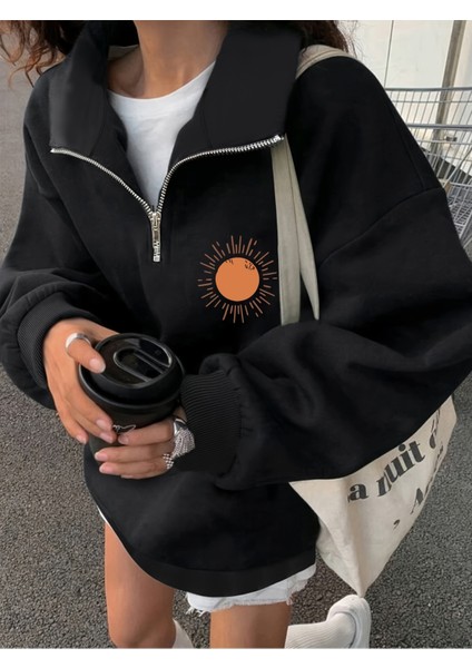 Kadın Güneş Baskılı Yarım Fermuarlı Dik Yaka Sweat